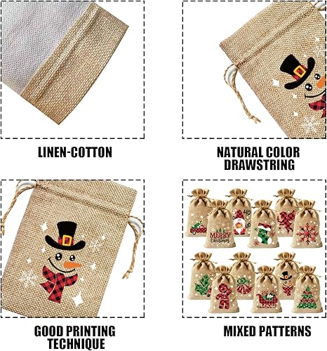 Miniatura 10 de CCINEE 36 bolsas de arpillera de Navidad, 4 x 6 pulgadas con cordón de arpillera de Navidad, bolsas de dulces de regalo con doble cordón de yute,