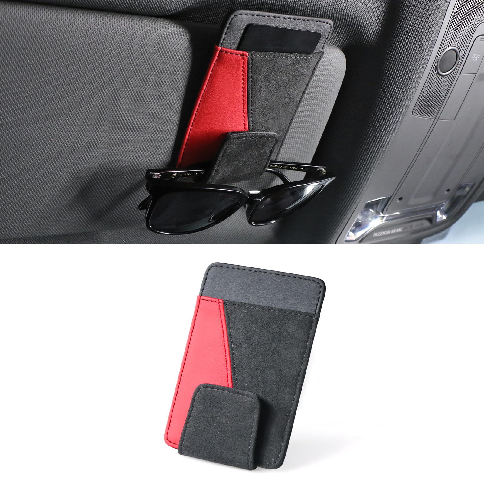 BETTERHUMZ Sunglasses Holder for Car Visor Compatible with Audi A3 RS3 A4 A5 A6 A7 RS7 A8 Q3 Q5 Q7 R8 for Alcantara Suede, Car Eyeglasses Card Case Clip Interior Accessories (Red Black)