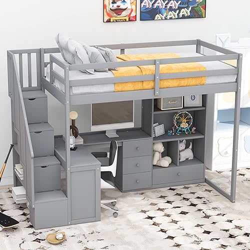 Miniatura 40 de Harper & Bright Designs Cama tipo loft de tamaño individual con escalera de almacenamiento y 2 armarios, cama tipo loft individual para niños con 2