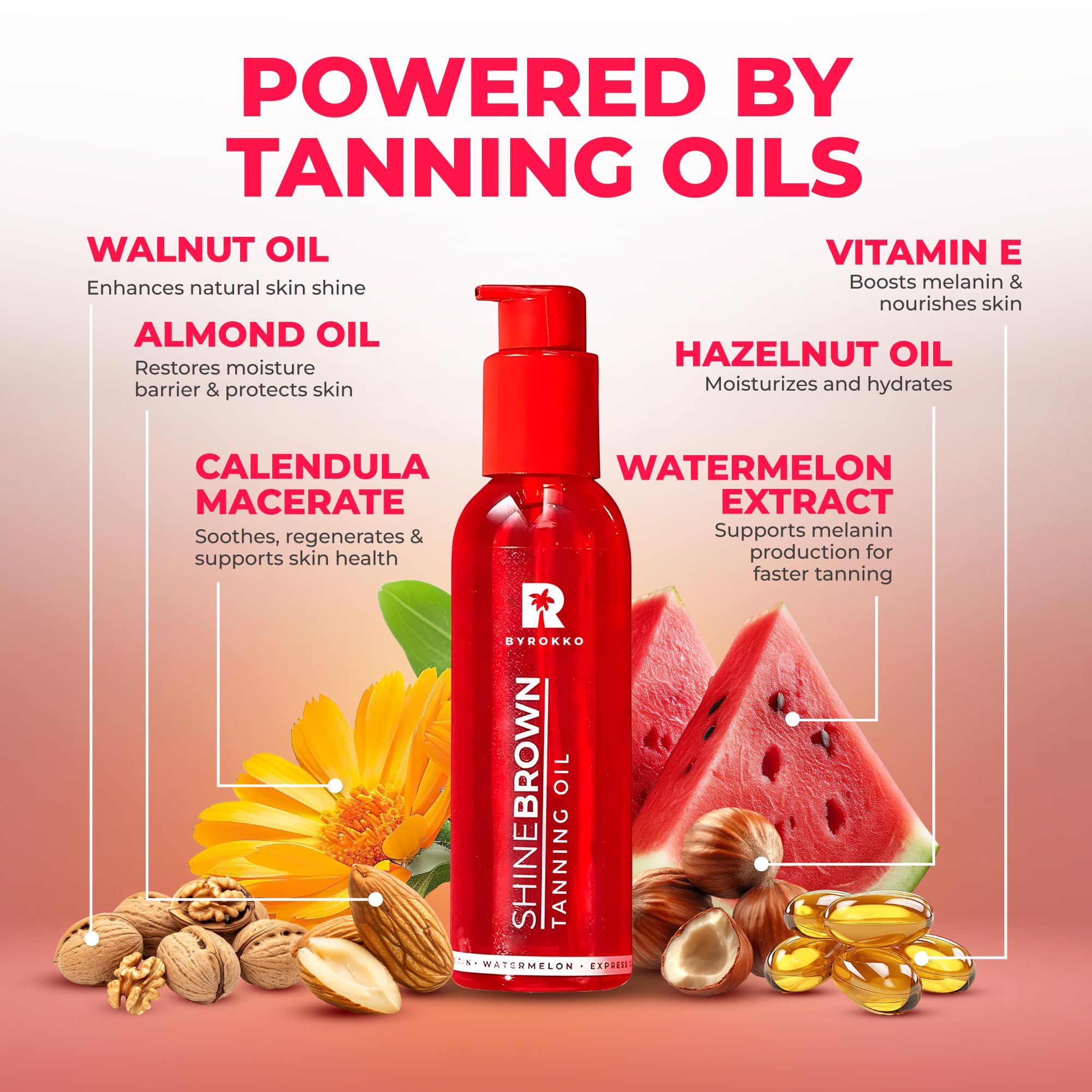 BYROKKO Olejek do opalania Shine Brown Watermelon (145 ml), Olejek do opalania do stosowania na słońcu i w solarium, Super aktywny olejek dla maksymalnego opalenia