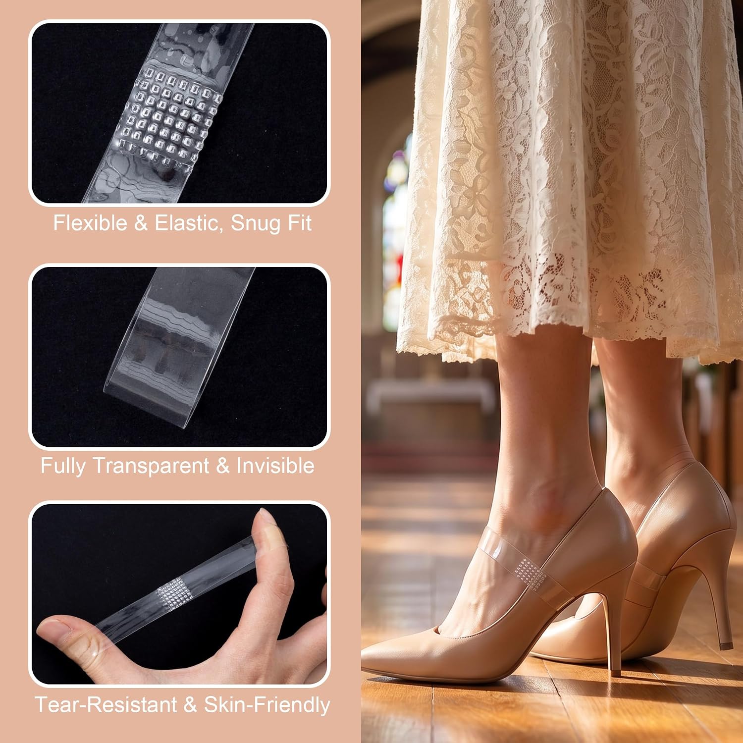 6 Pairs Transparent High Heel Shoe Straps, Elastic Invisible Anti Loose Ankle Belt for Women, Reusable TPU Shoe Laces Straps for Loose High Heels