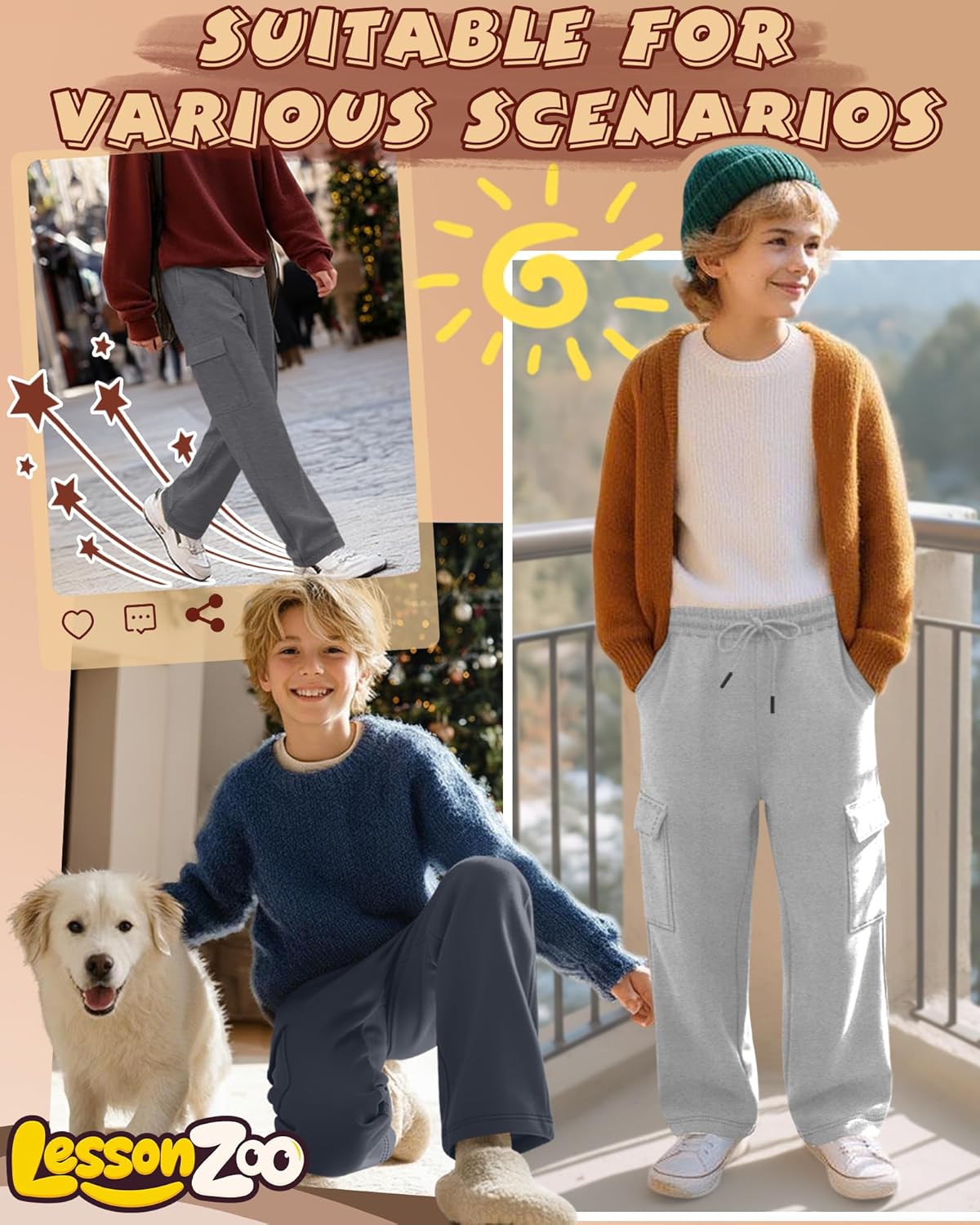 4 Pack Boys' Cargo Sweatpants Elastic Drawstring Open Bottom Active Pants Casual Workout Joggers with 4 Pockets