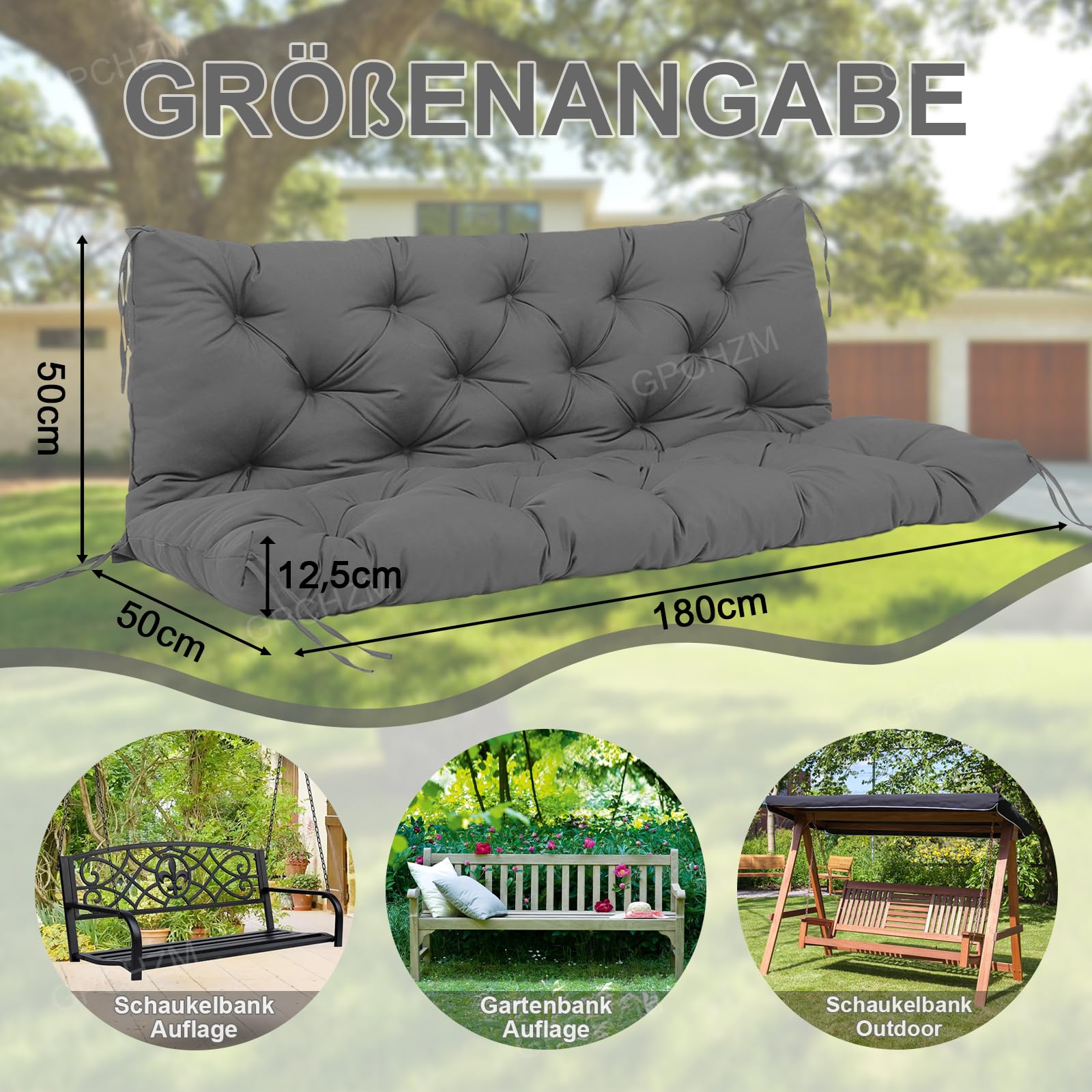 Hollywoodschaukel Auflage 180cm Wasserdicht Gartenbank Auflage Verdickt(12.5cm) Mit Rückenlehne Schaukelbank Auflage für Hollywoodschaukel Sitzbank Gartenbank Terrasse Hinterhof Rasen Veranda