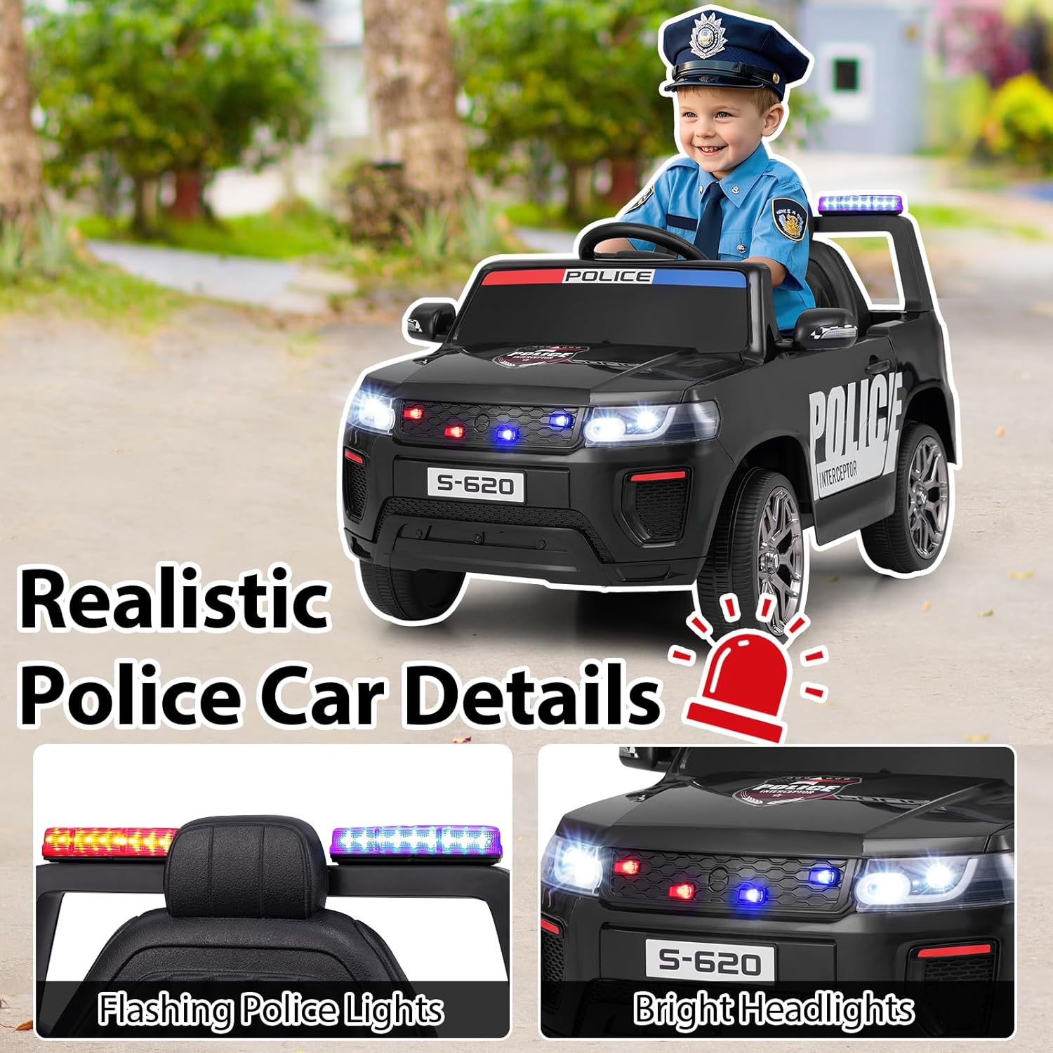 OLAKIDS Ride on Police Car, 12V Kids Battery Powered Electric Vehicle with Siren, Flashing Lights, Bluetooth, Music, MP3, USB, Power Display, Spring Suspension, Aged 3-8 Years (Black)