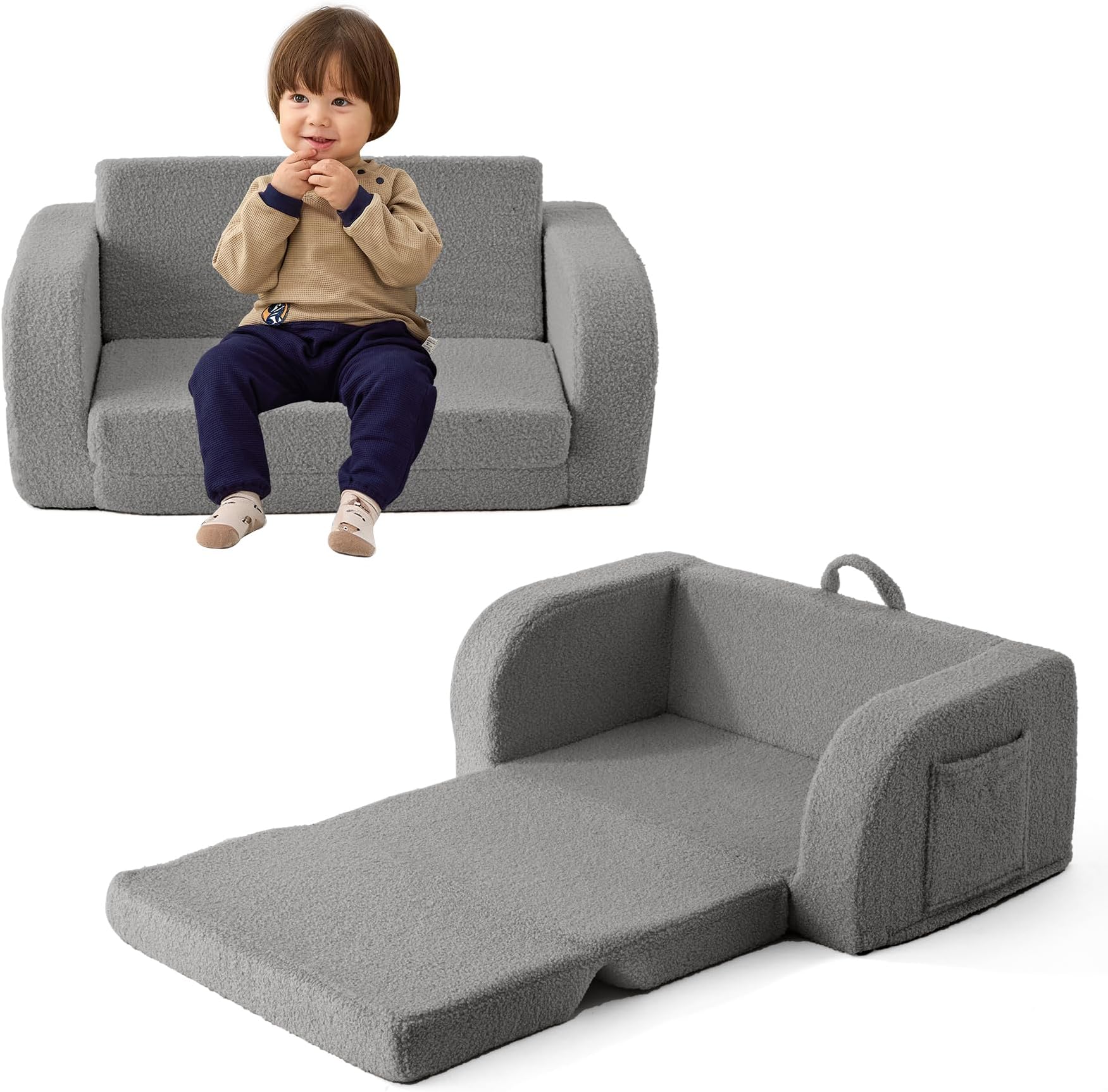 Toddler Couch, 2-in-1 Toddler Chairs Comfy 1-3 Years Old, Toddler Chair for Girls and Boys, Kids Couch Bed Fold Out, Convertible Baby Sofa to Lounge Chair for Playing, Reading, Napping, Double, Grey
