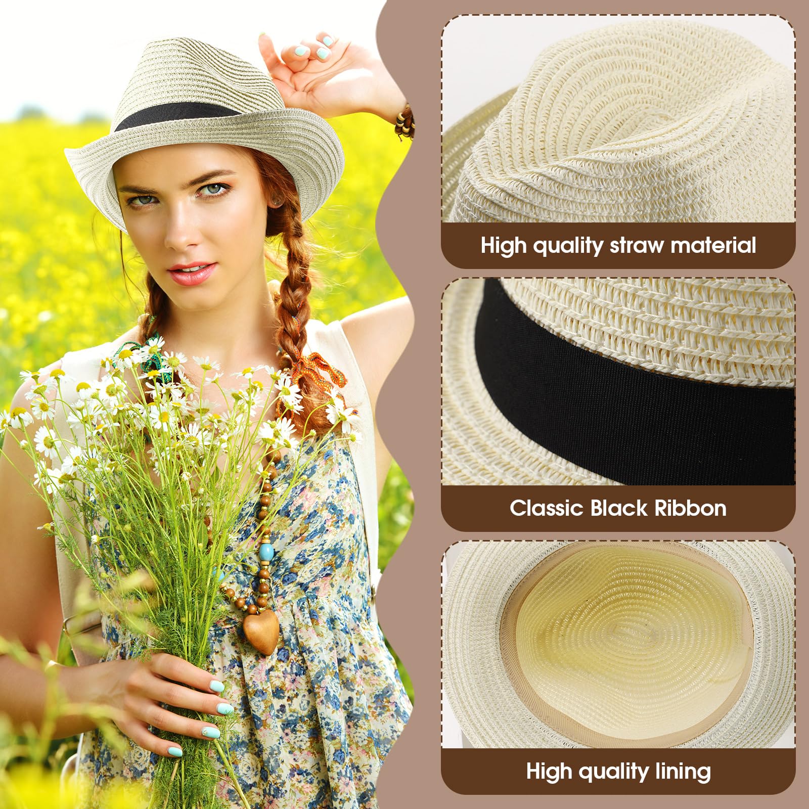Jeyiour Lot de 24 chapeaux en paille pour femme, chapeaux panama en vrac pour homme, chapeaux courts à bord court emballables pour le soleil, chapeaux d'été en paille pour la plage, kaki, beige et