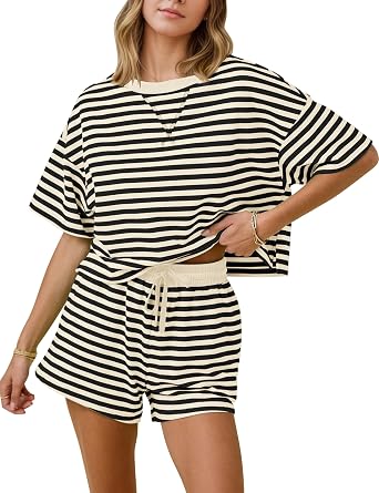 MISSACTIVER Womens Lounge 2 Piece Sets Summer Striped Matching Pajamas Set Short Sleeve Oversized T Shirts Drawstring Shorts