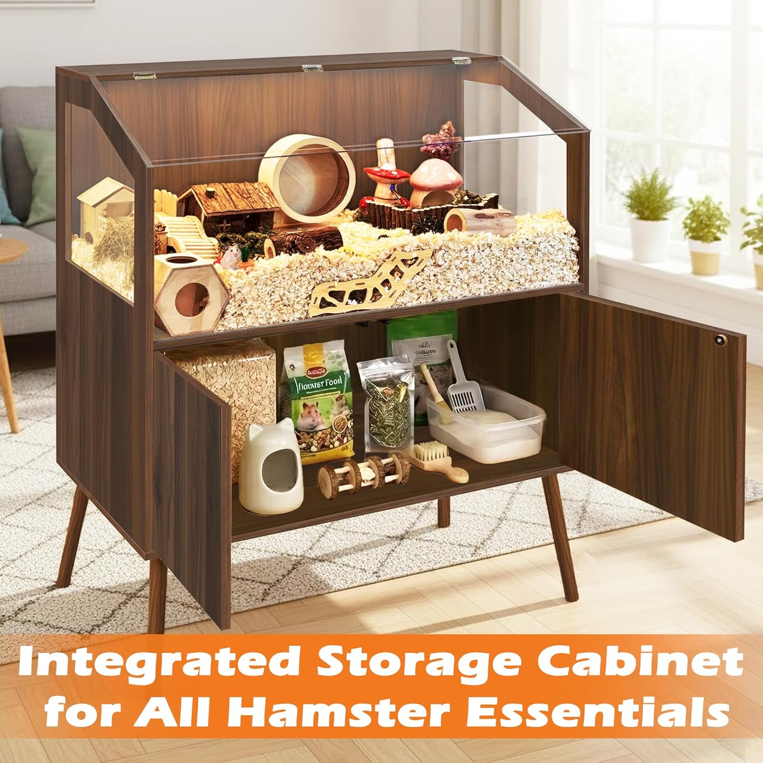 PROLEE Hamster Cage with Storage Cabinet,Large Hamster Encloure Chew Proof Wood,Clear View Hamster Habitat for Guinea Pig, Ferret, Rat, Hedgehog，47“ X 40” X 20“ (Walnut)