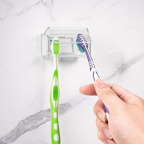 Miniatura 8 de Soporte para cepillos de dientes montado en la pared con cubierta para baño, 2 ranuras organizador de almacenamiento de cepillos de dientes para