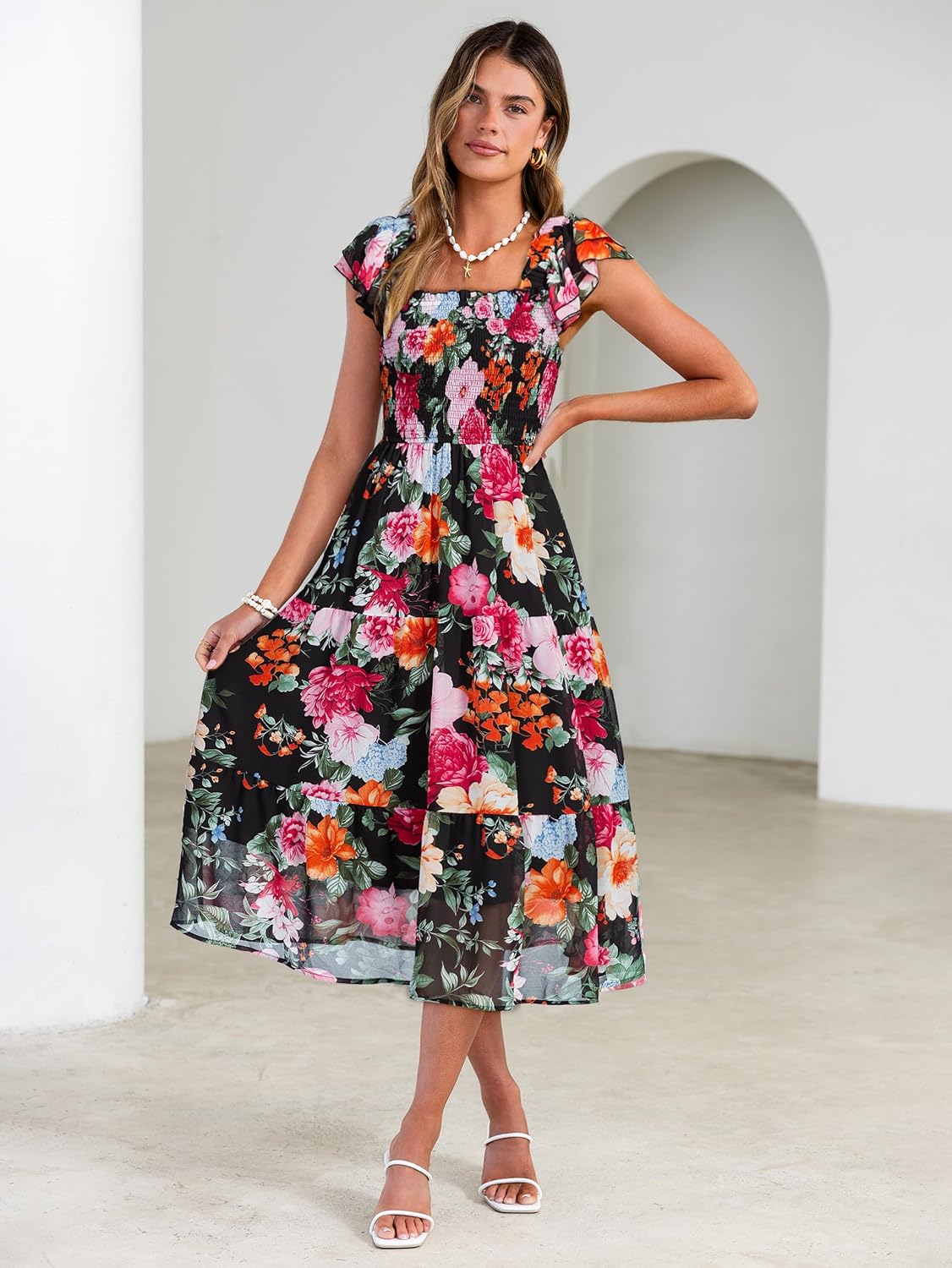 Simplee Women Floral Summer Sun Dress Flutter Sleeve Smocked Chiffon Midi Dress Casual Boho Flowy Dress with Pockets - Image 3