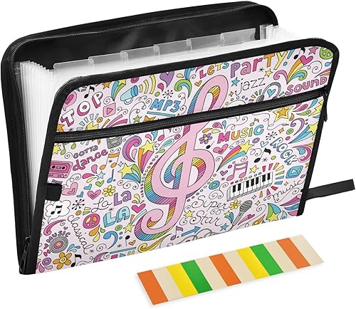 OTVEE Organizador de archivos de acordeón, carpeta de archivos expandible con 13 bolsillos de notas musicales rosadas