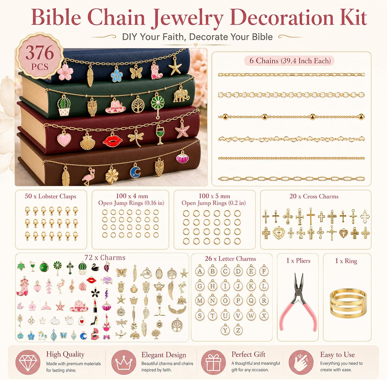 376Pcs Gold Bible Chain Jewelry Making Kit Diy Bookmark Christian Craft