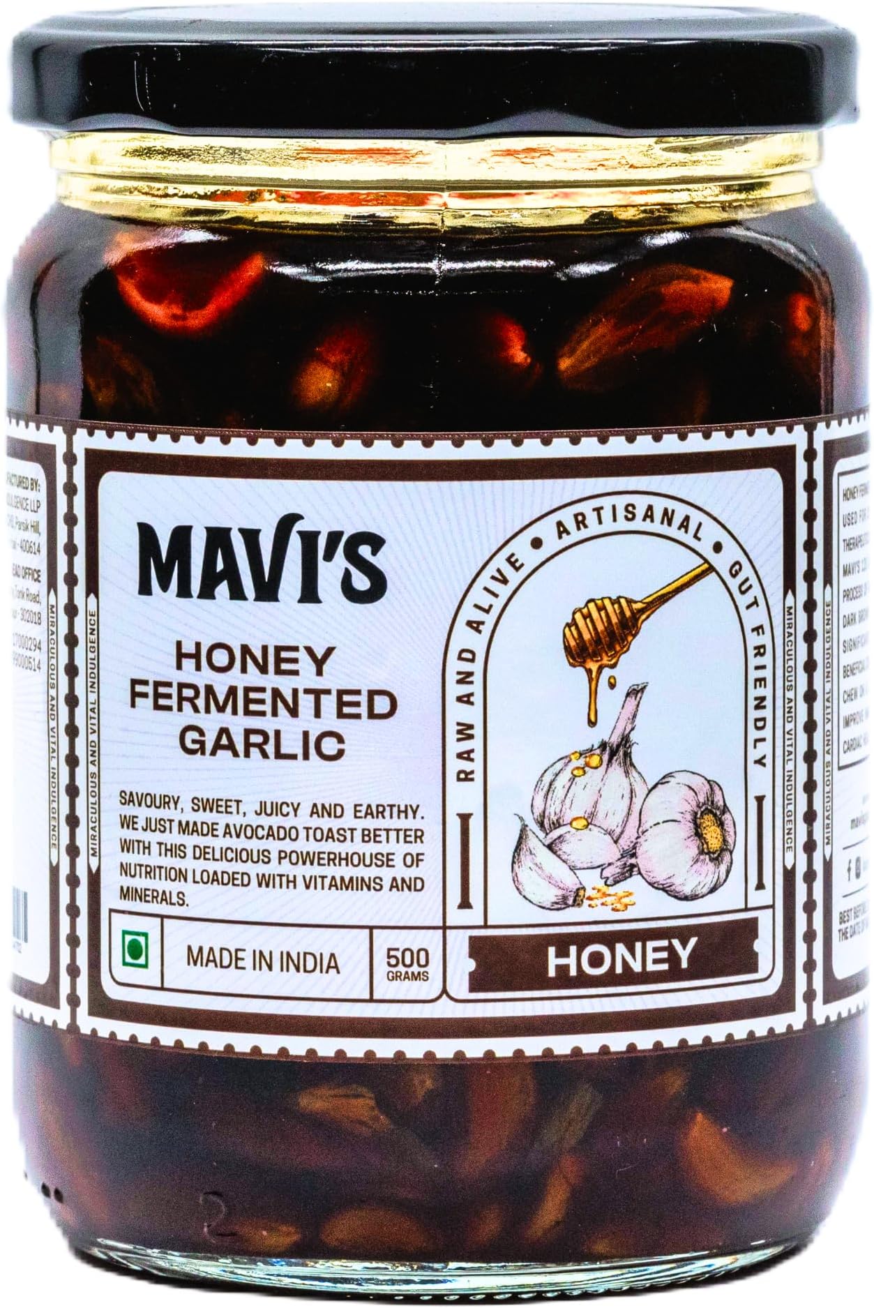 - MAVI's Honey Fermented Garlic | Long Ferment | 100% Natural & No Preservatives, Artificial Flavour, Colour or Sweetener | Gluten Free | Organic Garlic Pods and Wild Raw Honey| 500g | Pack of 1