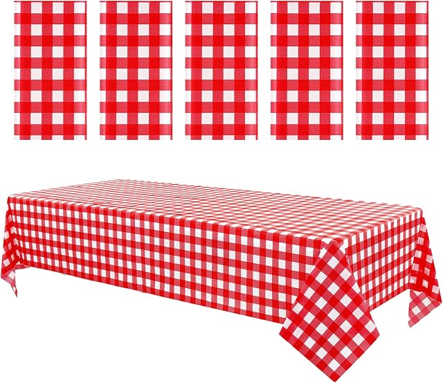 5 Packs Red Gingham Checkered Plastic Tablecloth 54" x 108"Red and White Plaid Disposable Rectangle Table Cloth,Stain Resistant/Waterproof Table Cover for BBQ Picnic Birthday Wedding Parties