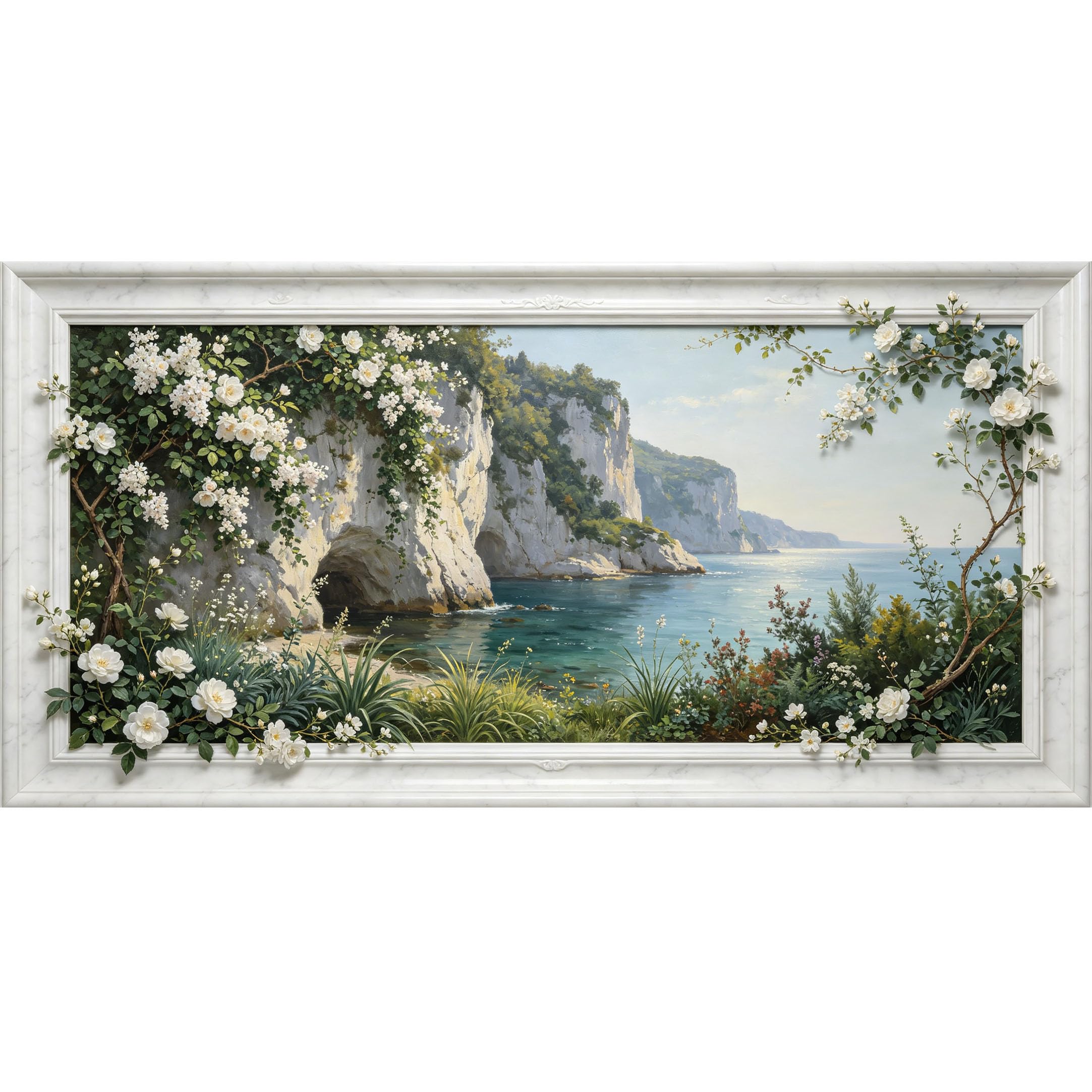 Agglomerix 3D Framed Wall Art Coastal Landscape White Rose Floral Trompe l'oeil Large Size SelfAdhesive Removable Wall Decor Prints Artwork for Living Room Bedroom Office