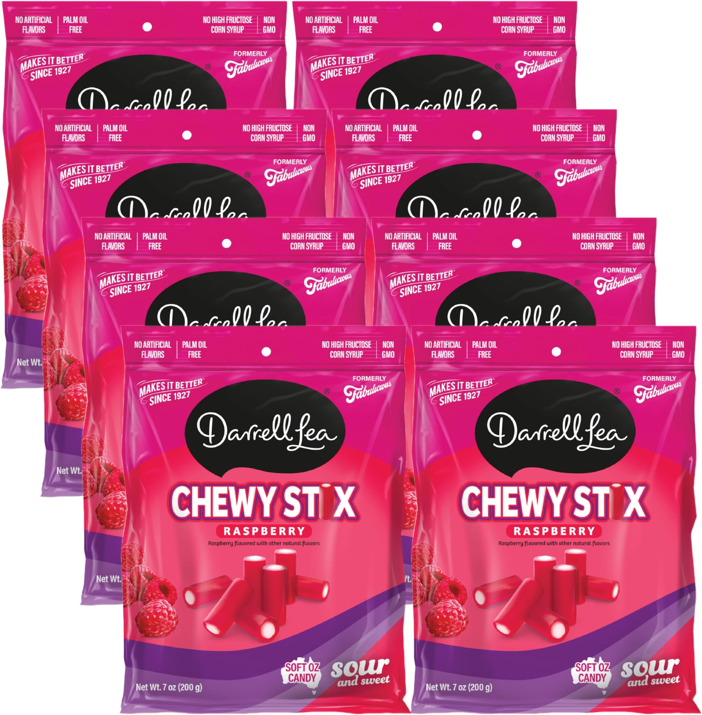Darrell Lea Chewy Stix, Sour & Sweet, Palm Oil Free, Made in Australia, Shareable, Sour Raspberry, 7 Ounce (Pack of 8)