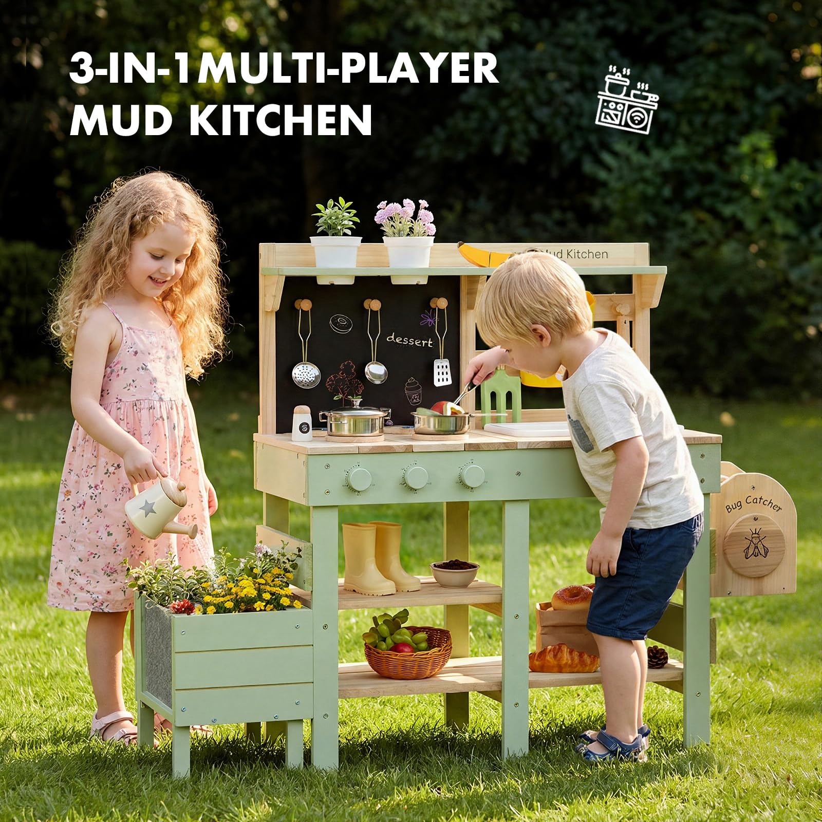 Labebe Matschküche Kinder Outdoor, 3-in-1 Matschküche mit Pflanzkasten und Insekten-Beobachtungsbox, Outdoor Spielküche & Kinderküche aus Holz mit Spüle, Wasserhahn und Zubehör, ab 3 Jahren