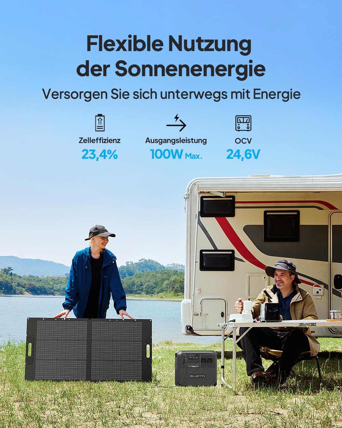 BLUETTI 100W Solar Panel, 100W für Tragbare Powerstation EB3A AC2A AC50B AC70 AC180 AC200L AC300, Faltbar Solarmodul mit Verstellbaren Ständern für RV, Camping, Garten