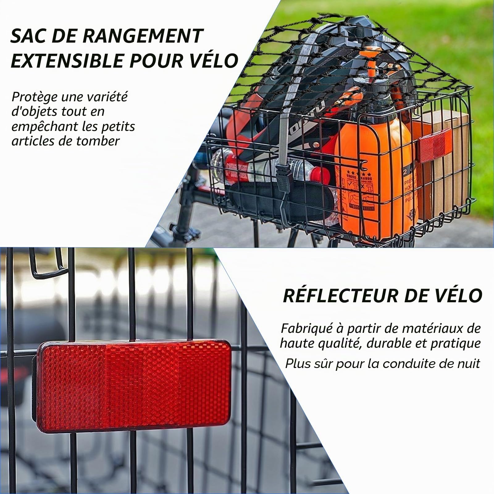 W&H Panier de Vélo Arrière Amovible en Métal - Grand Panier de Vélo Pliable - Porte-Bagages Arrière avec Accessoires de Montage - Filet à Bagages et Réflecteur - Panier de Vélo pour Petit Chien