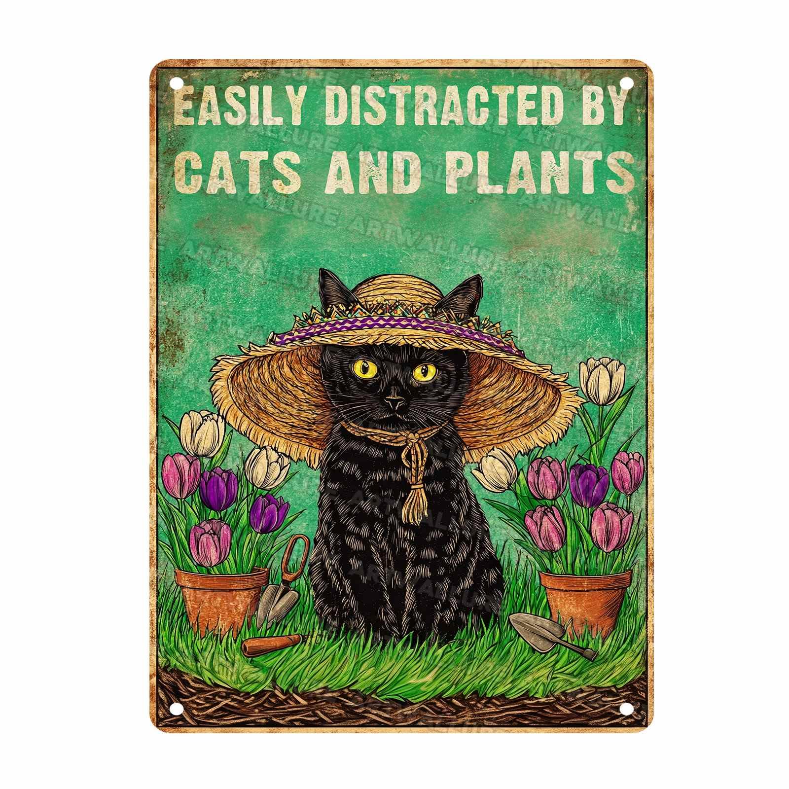 Cat Garden Sign Vintage Metal Wall Art Easily Distracted By Cats And Plants for House Decor Cabin Decor 12x16Inch