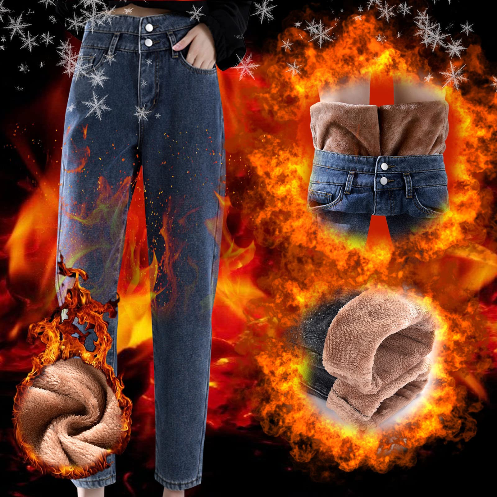 Generisch Pantalones vaqueros térmicos de invierno para mujer, cintura alta, forro polar, pierna recta, suaves y cómodos, pantalones vaqueros holgados de pierna ancha, pantalones largos para el tiempo