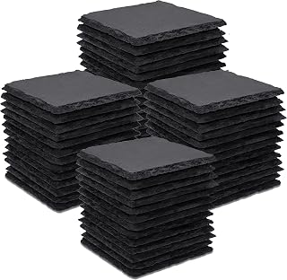48 Pieces Slate Drink Coasters, GOH DODD 4 Inch Black Stone Coasters Bulk Cup Coaster Set with Anti-Scratch Bottom for Bar Kitchen Home Apartment, Square
