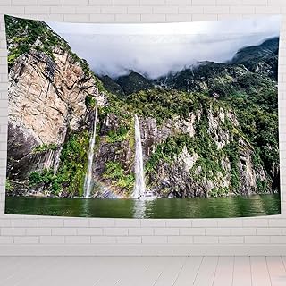 Nature Tapestry For Bedroom Nature Waterfalls From The High Mountain At Milford Sound,New Zealand Tapestries Wall Hanging For Living Room Dorm Office 60×50 In