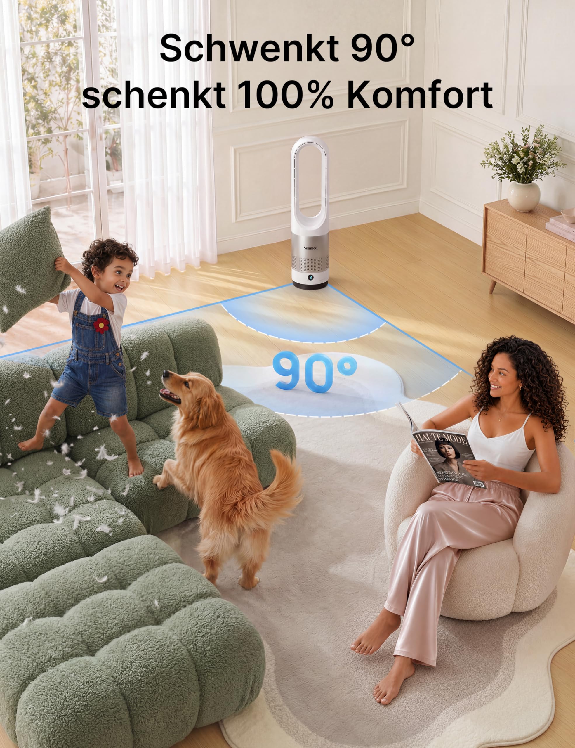 Rotorloser Turmventilator 55 cm | Fernbedienung, 90° Oszillation, 8 Geschwindigkeiten, 9H Timer, LED-Anzeige
