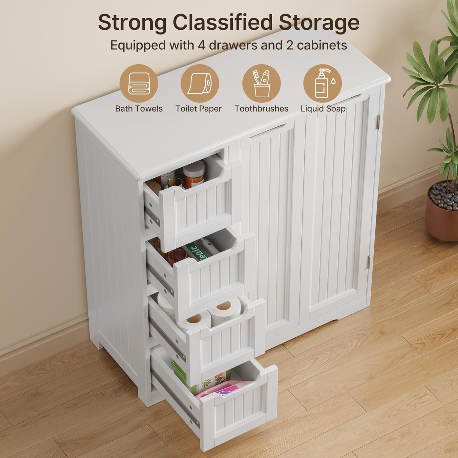 Gizoon Storage Cabinet, White Bathroom Storage Cabinet with 4 Drawers & Double Doors, Adjustable Shelf, Modern Floor Cabinet for Bathroom, Kitchen, Living Room, Entryway, White