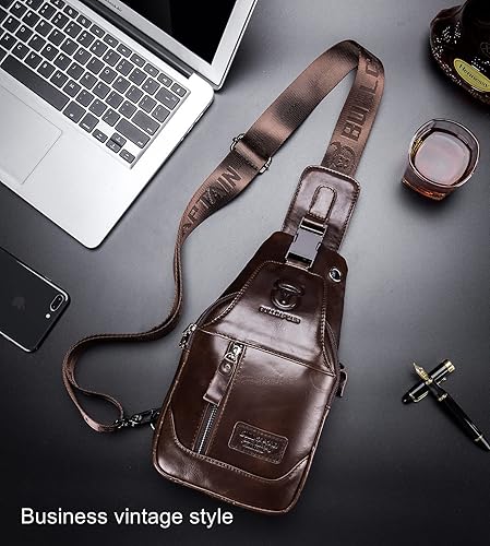 Miniatura 3 de BULLCAPTAIN Sling Bag Mochila cruzada de cuero genuino Mochila de viaje al aire libre Bolsa de pecho Daypack (marrón)