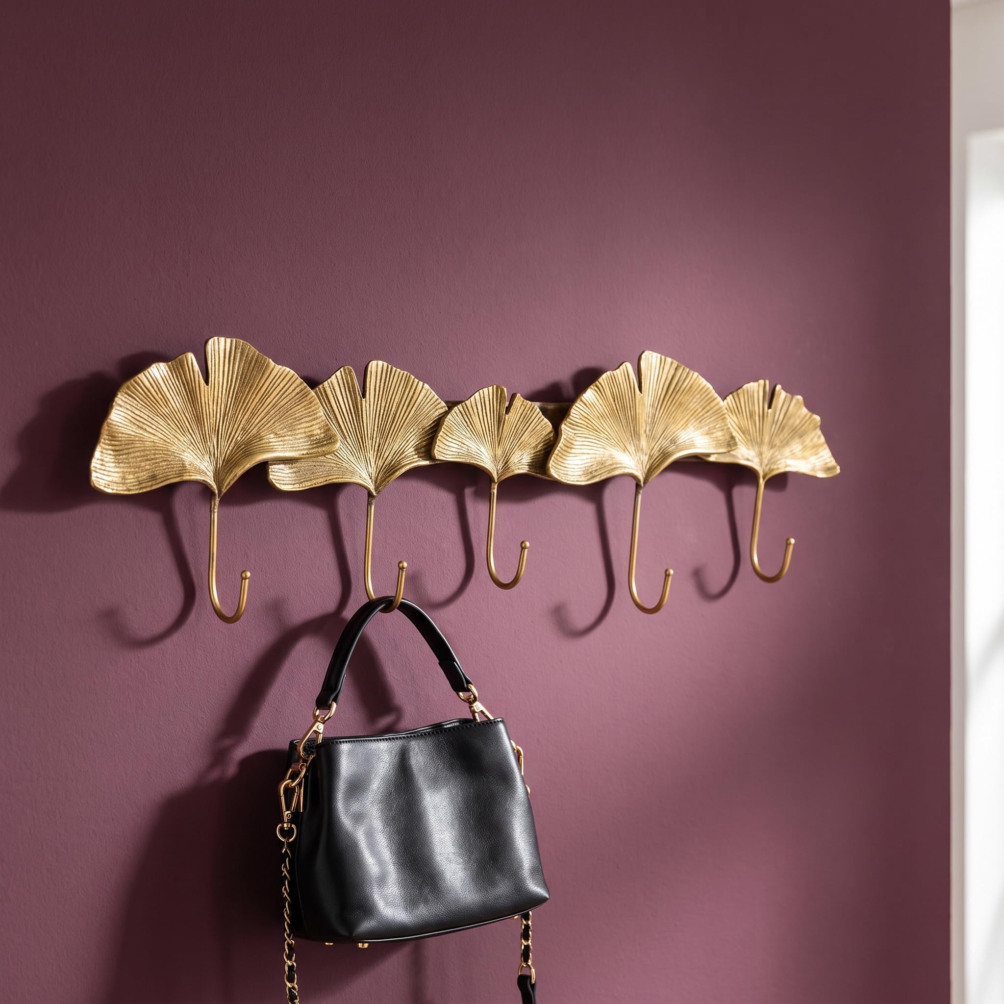 Kare Design Wandgarderobe Ginkgo Leaf, Gold, 5 Haken, Garderobenleiste, Garderobe, Garderobenhaken, Wohnaccessoire, Ginkgo Blatt Motiv, Eingangsbereich
