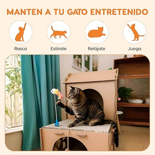 Miniatura 4 de Polipets Rascador para gatos en forma de casa de doble piso, almohadilla para rascar hecha de cartón corrugado reciclable, juguete afilador de