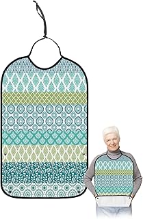 Kewadony Adult Bibs for Elderly Women - Boho Geometric Waterproof Dining Clothing Protectors with Crumb Catcher for Eating/Feeding, Colorful Striped Ethnic Flowers Turquoise Terry Cloth Bib Washable