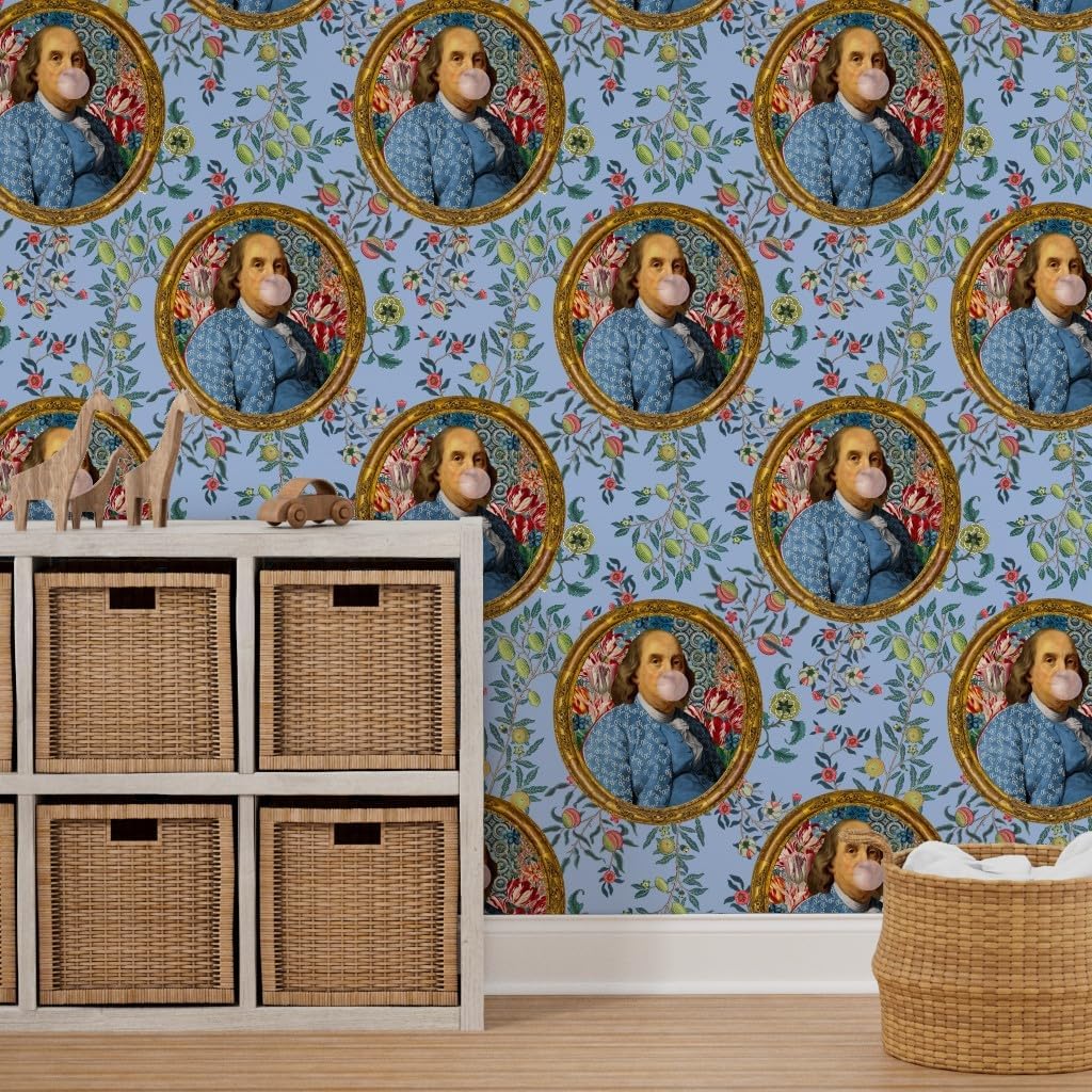 Spoonflower Removable Wallpaper 3ft x 2ft - Benjamin Franklin Bubblegum Portrait Floral Print Blue Novelty Custom Pre-Pasted Wallpaper