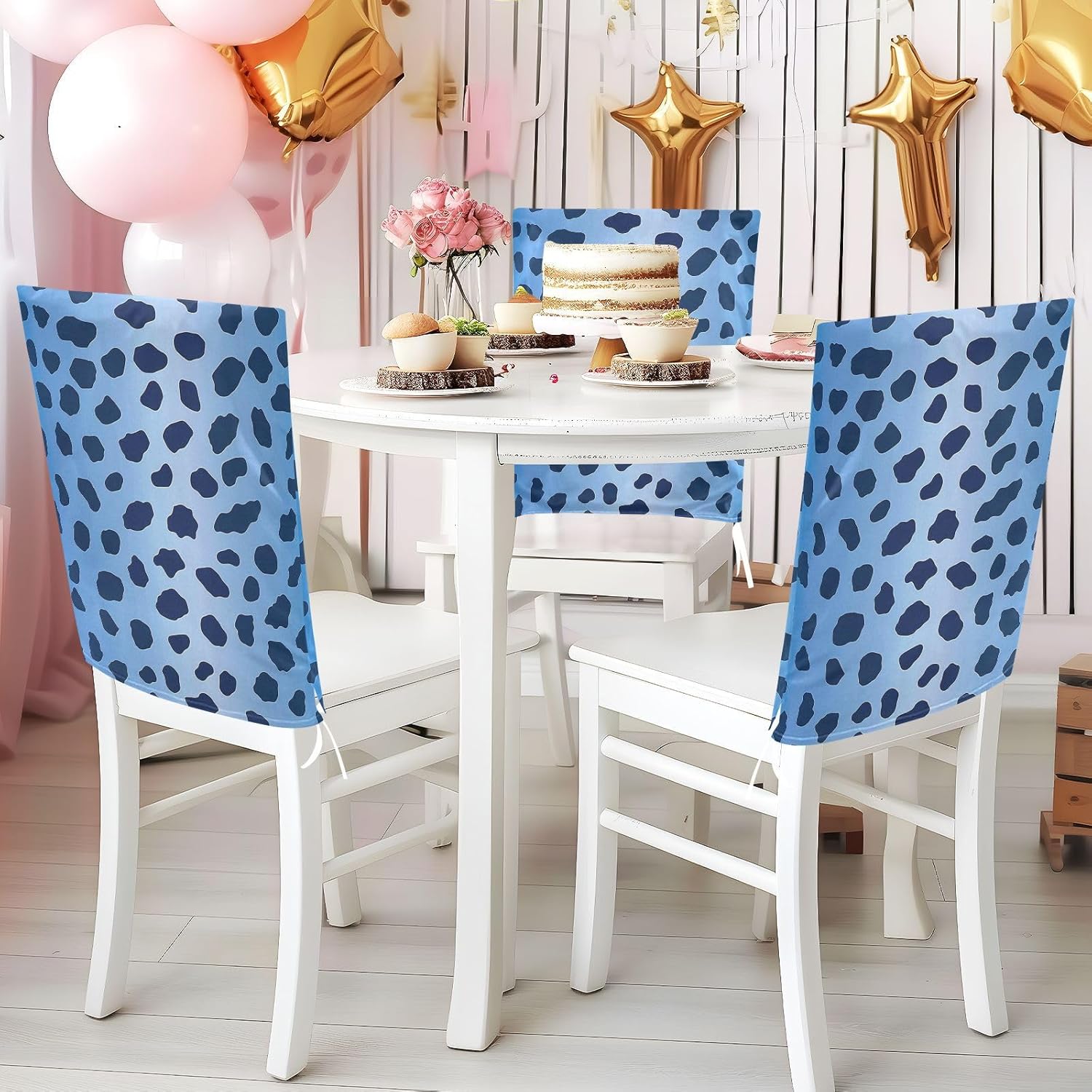 ALAZA Leopard Spots Blue Chair Back Cover Set of 6, Washable Reusable Removable Chair Slipcovers Decorative Chair Cover for Home Kitchen Wedding Party
