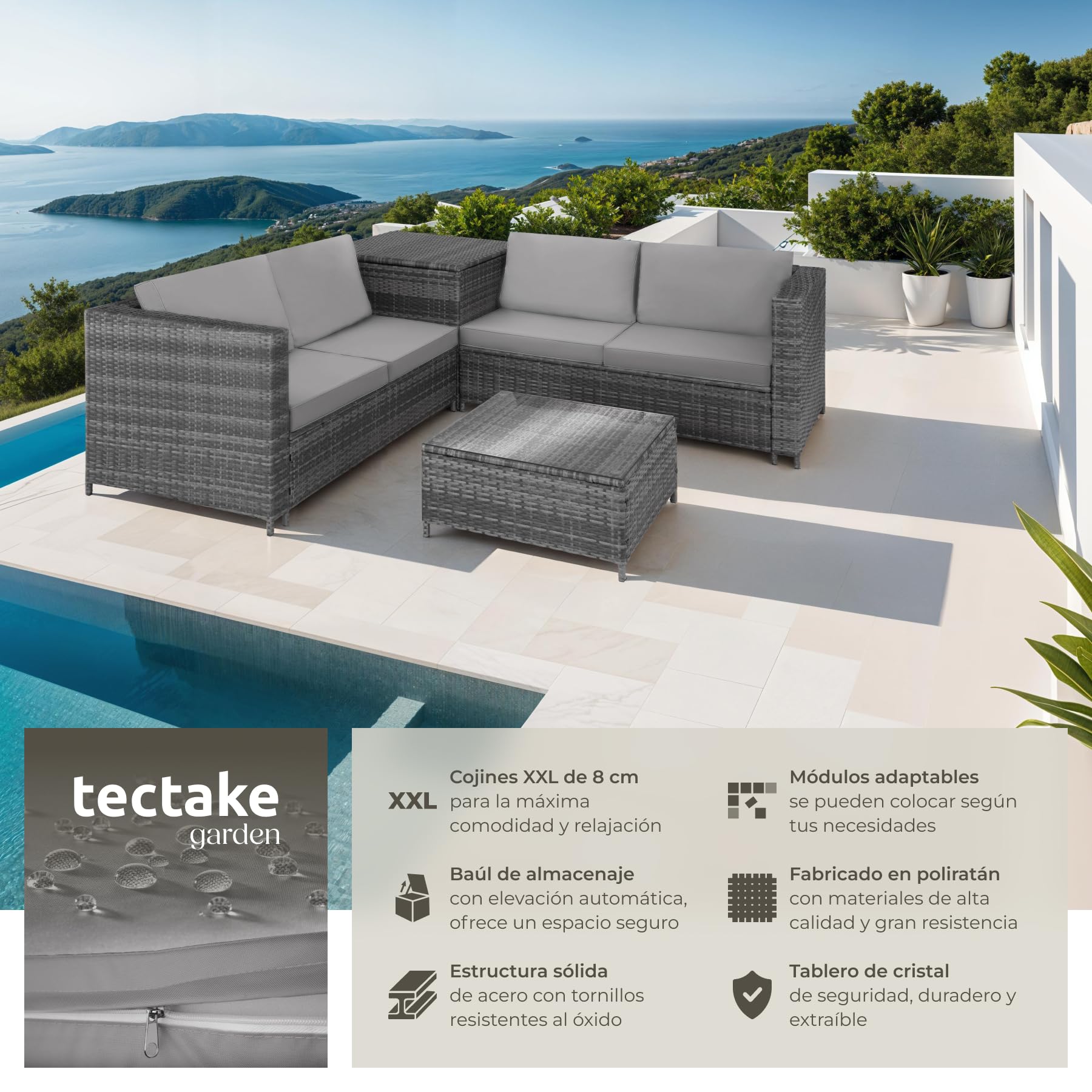 tectake® Conjunto Jardín de Ratán Combinable con Cojines Grosor 8 cm, Conjunto Terraza Acero y Resistente a la Intemperie, Muebles Jardín Exterior 2 Sofás, 1 Mesa, 1 Caja Almacenaje - Gris/Gris Claro