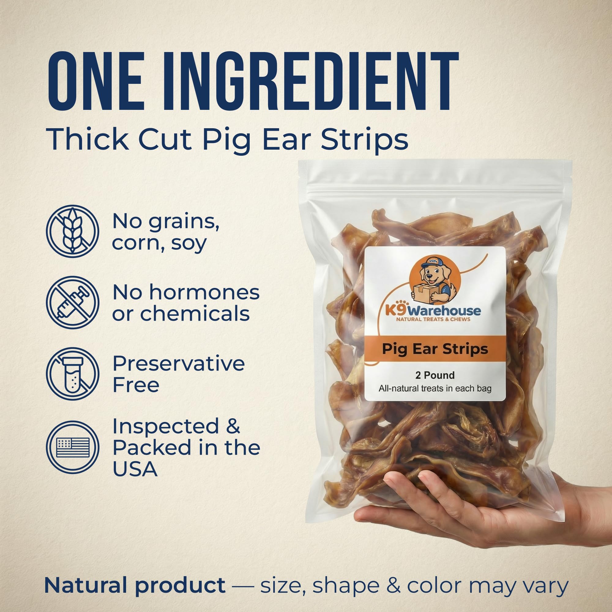 K9warehouse Schweineohren-Streifen, 907 ml, in den USA verpackt, natürliche Massenohren-Silber, Leckerlis aus 100 % reinem Schweinefleisch, Alternative zu Rohleder-Kauartikeln, dick geschnittene