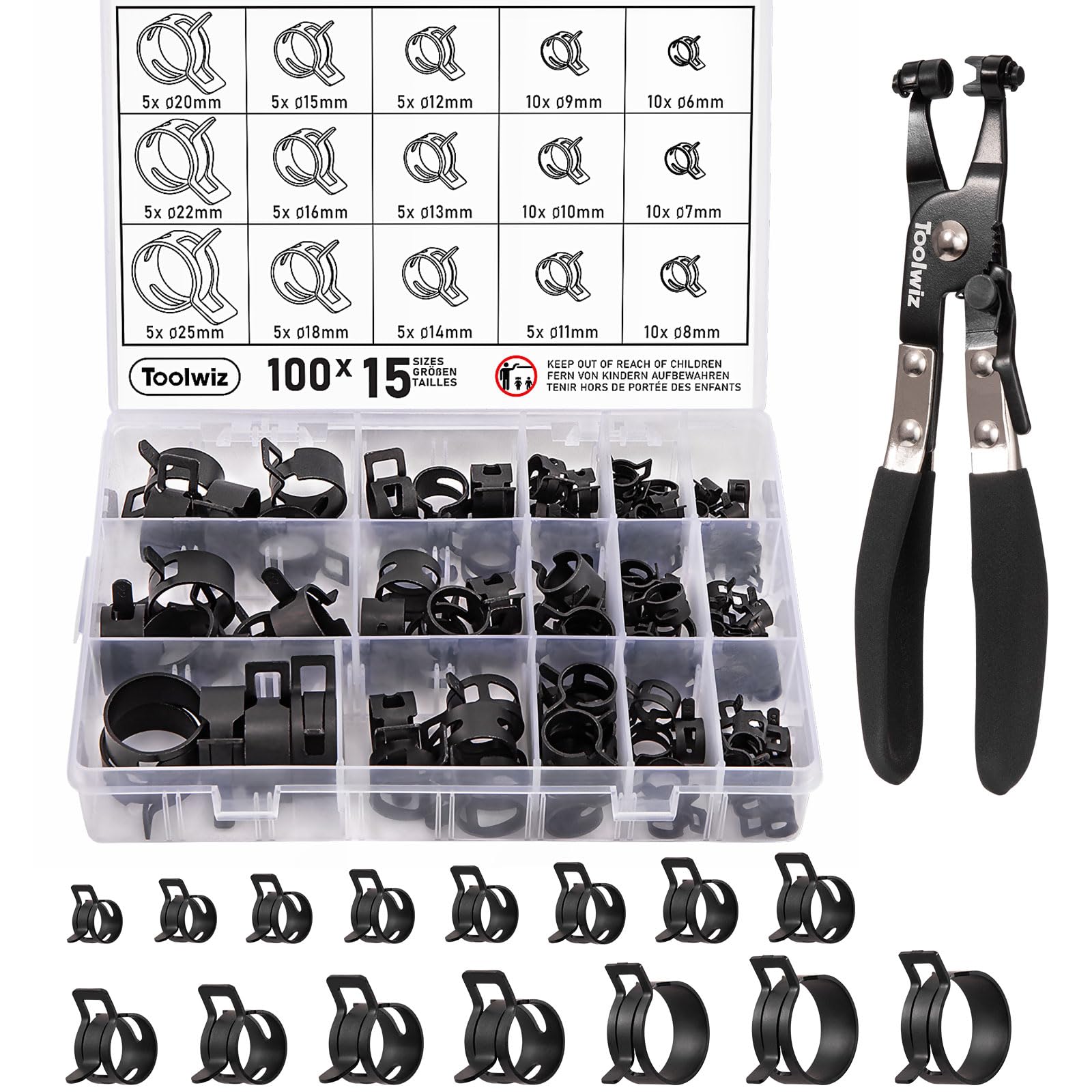 Toolwiz 100Pcs 6-25mm Spring Band Hose Clamp Assortment with Swivel Clamp Pliers, Constant Tension Radiator Hose Clamps, Black Hose Clips for Fuel
