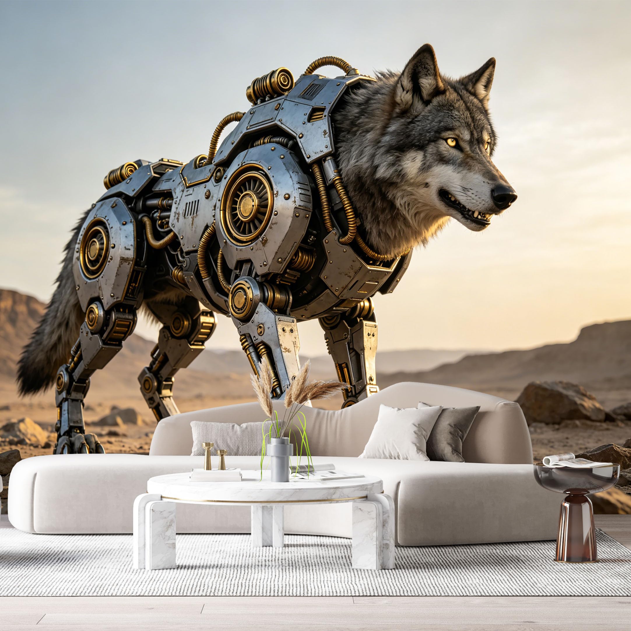 Custom Size Wall Mural Heavy Armored Wild Canine Beast Mech Science Fiction Beast Metal Armor Desert Scene SelfAdhesive Art Prints Removable Large Wallpaper Esports Game Room Studio
