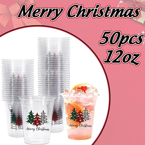 Miniatura 3 de Whaline 50 vasos desechables de Navidad de 12 onzas, color negro, verde, rojo, a cuadros, vasos de plástico transparente para árbol de Navidad,
