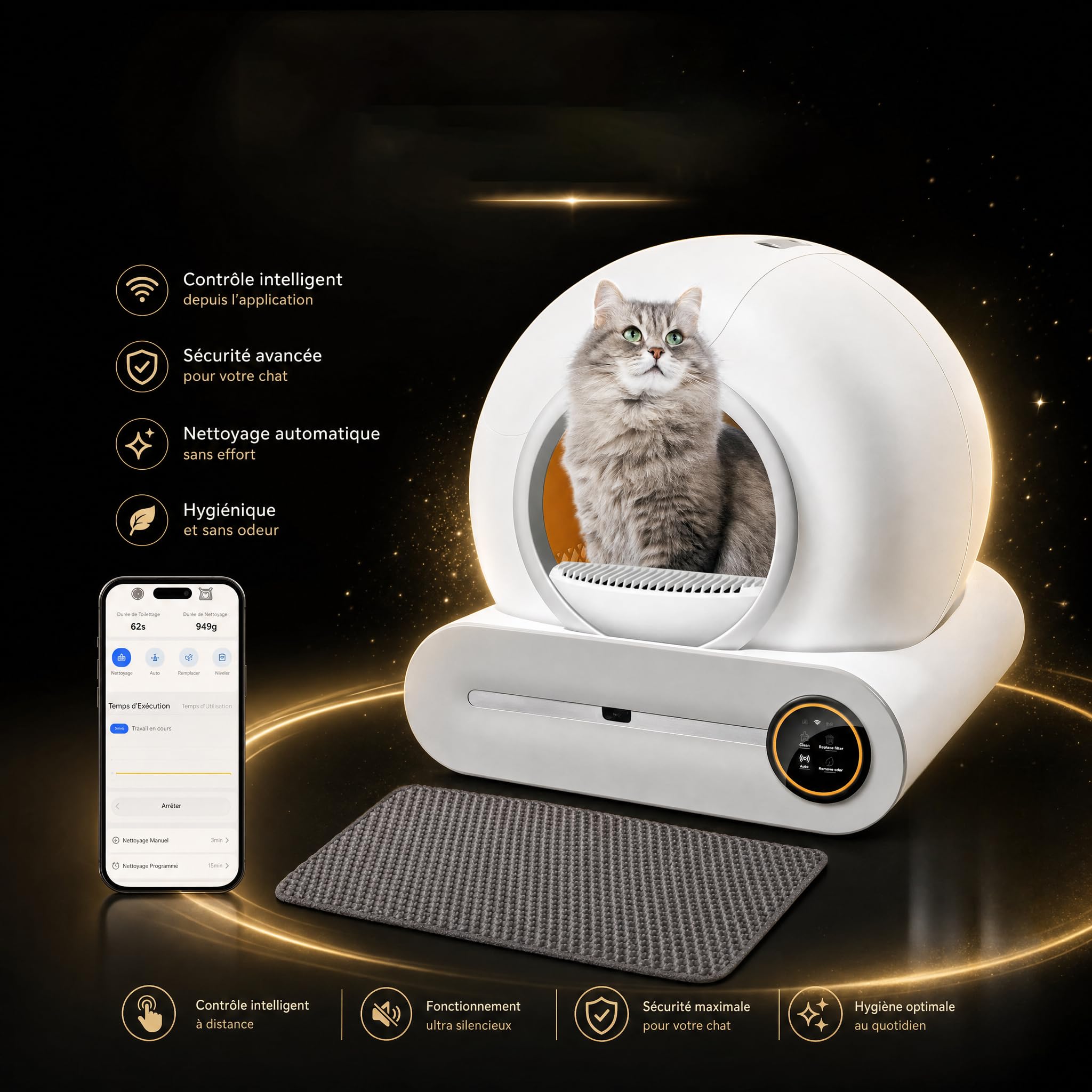 Bac à litière autonettoyant de 65 + 9 litres, avec Commande Via Application, désodorisation par ions et Suivi de la santé – 5 Sacs à litière Inclus, idéal pour Les foyers accueillant Plusieurs Chats