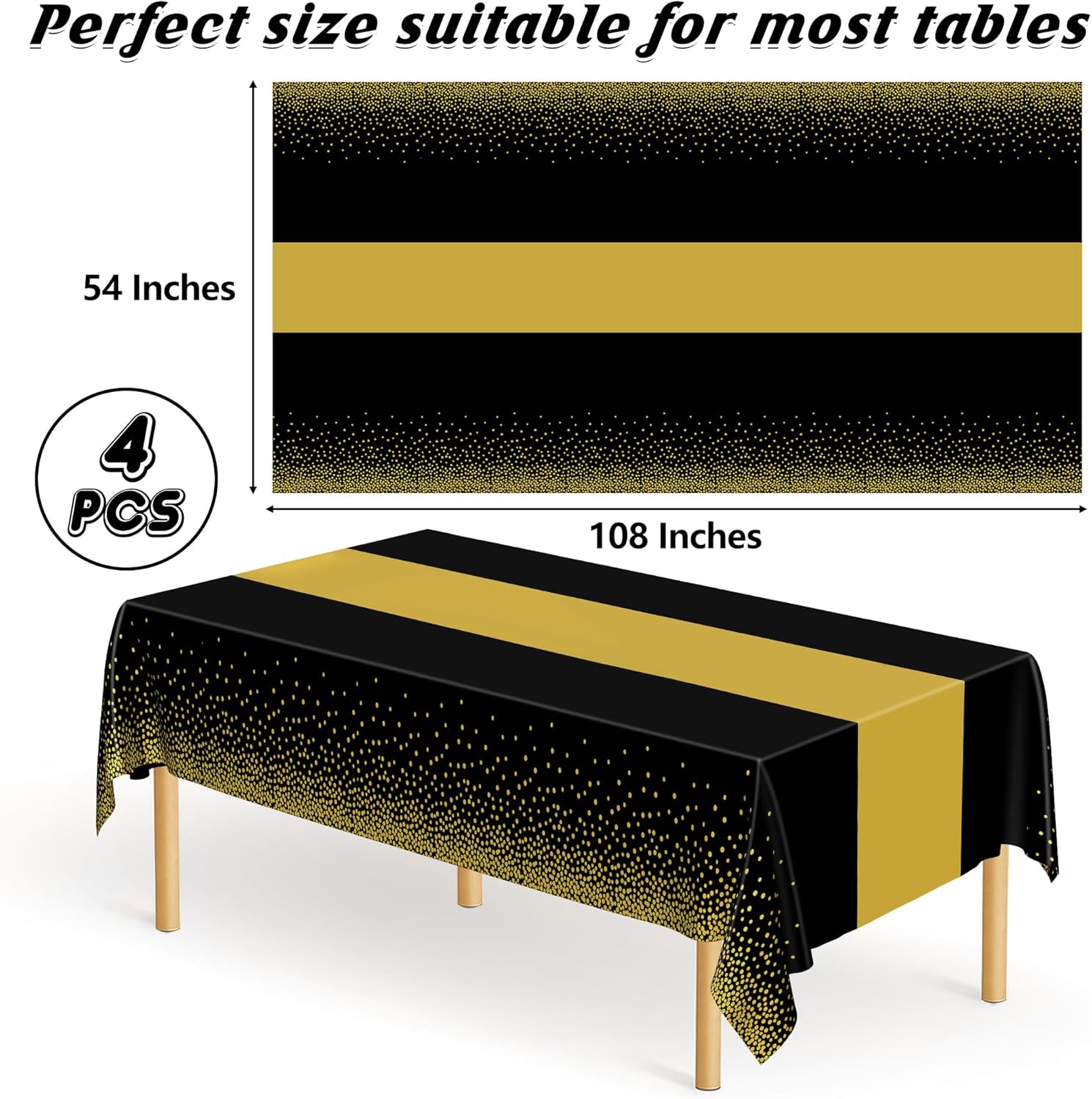 4Pack Black and Gold Tablecloths for Events, 54" x 108" Plastic Table Cloth Disposable for Rectangle Tables, Waterproof Table Cloth Cover for New Years Eve Decorations Holiday Birthday Wedding Dining - Image 2