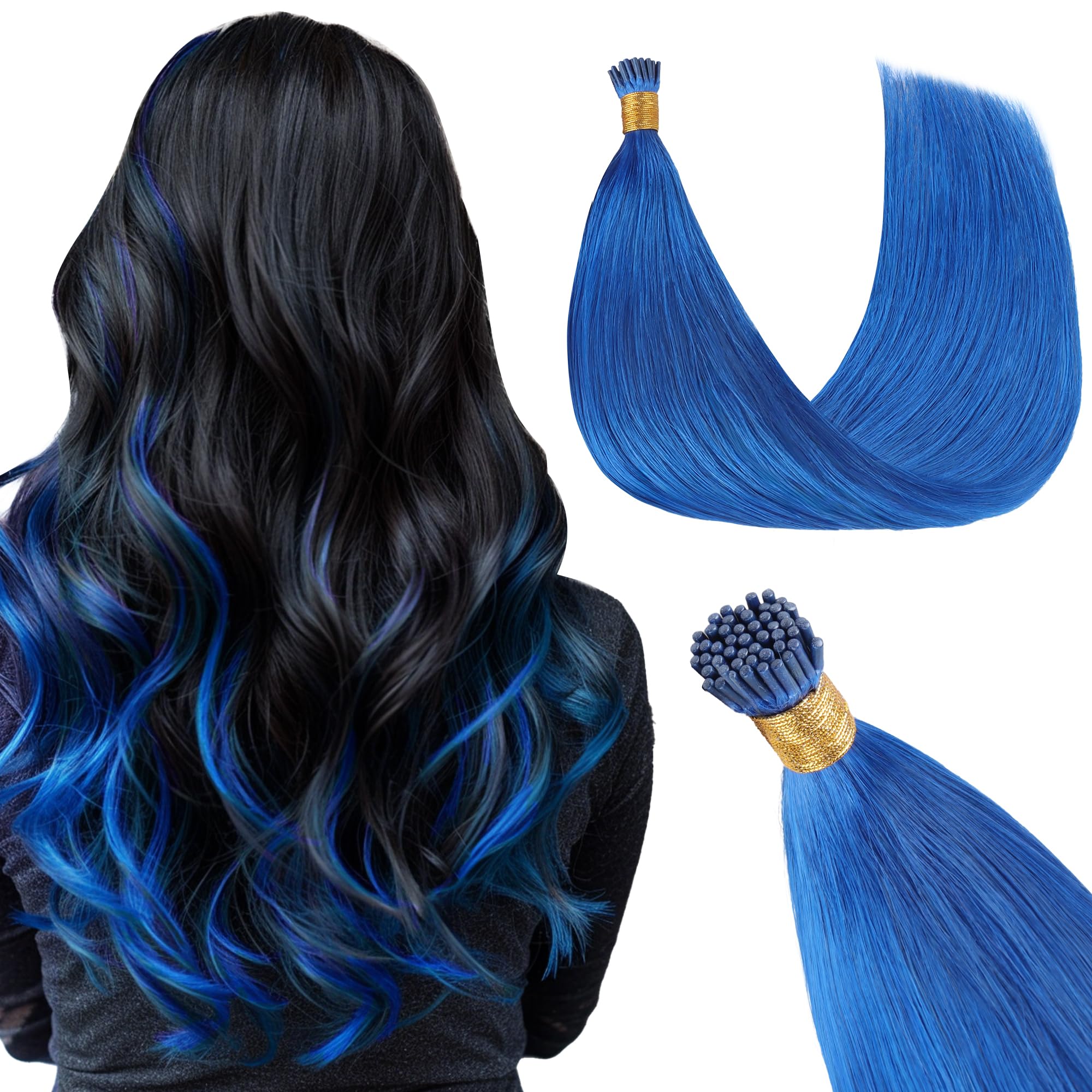 GOO GOO Colored I Tip Hair Extensions Real Human Hair, 22inch 50g 50S, Cold Fusion I Tip Hair Extensions, Invisible Remy Hair Extensions, Blue