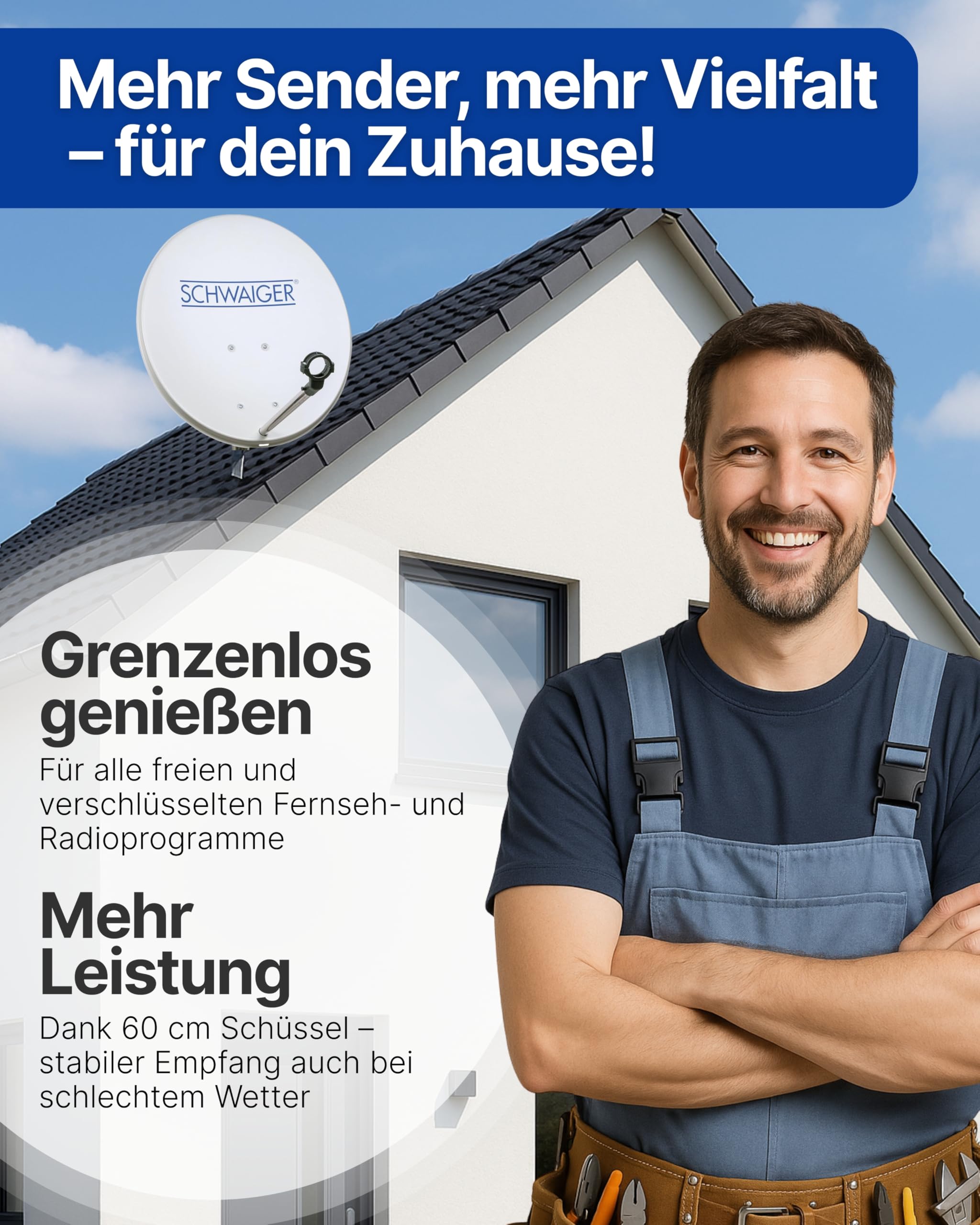 SCHWAIGER Satellitenschüssel Komplettset I Ø 60 cm Stahl Offset Antenne in Hellgrau I Inkl. Single LNB 1-Fach & HD SAT-Receiver mit Fernbedienung I Digital HD Empfang I Integrierte Kabelführung