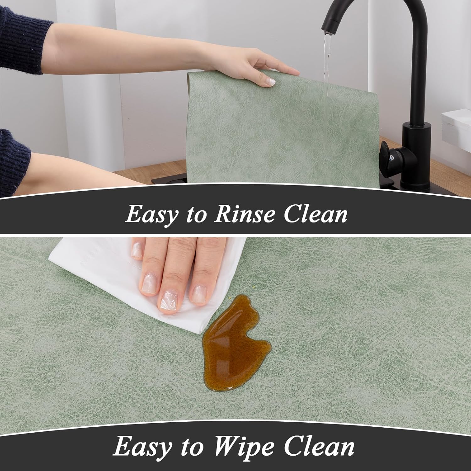 SHACOS Faux Cowhide Leather Placemats Set of 6, Wipeable Heat Resistant Table Mats, Stain Resistant Double Sided Reversible PU Place Mats for Dining Table Kitchen Restaurants, Green and Ivory