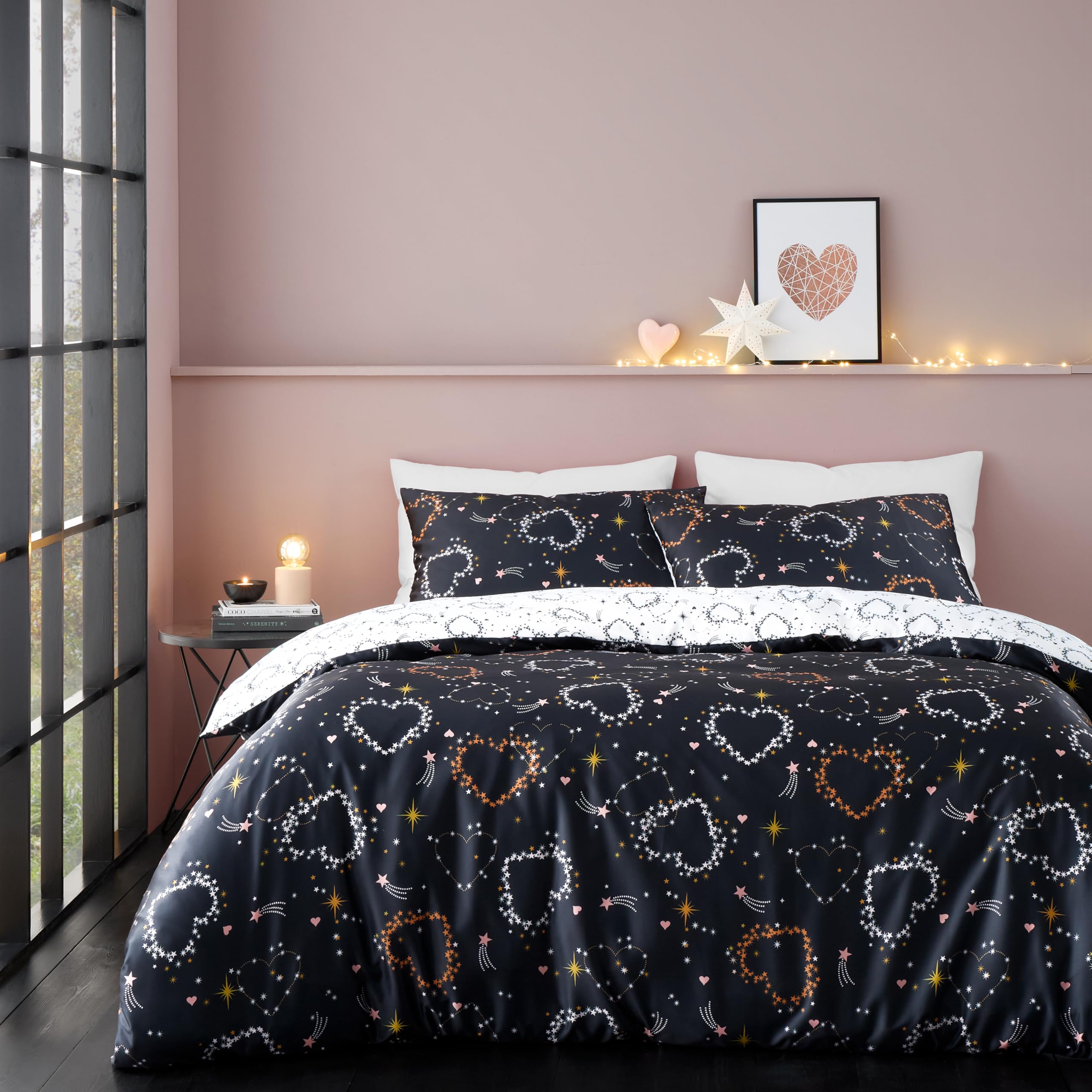 Catherine Lansfield Cosmic Hearts and Stars Reversible King Duvet Cover Set with Pillowcases Black