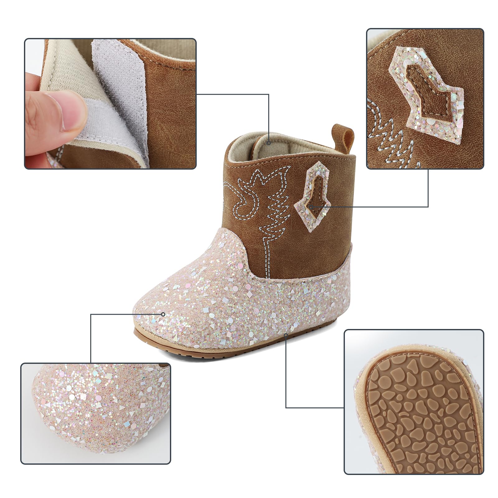 LACOFIA Buty niemowlęce dla dziewczynek, buty do nauki chodzenia, Bling Bling Bootie, kowbojki, buty westernowe z antypoślizgową miękką podeszwą, dla dzieci w wieku 3-18 miesięcy