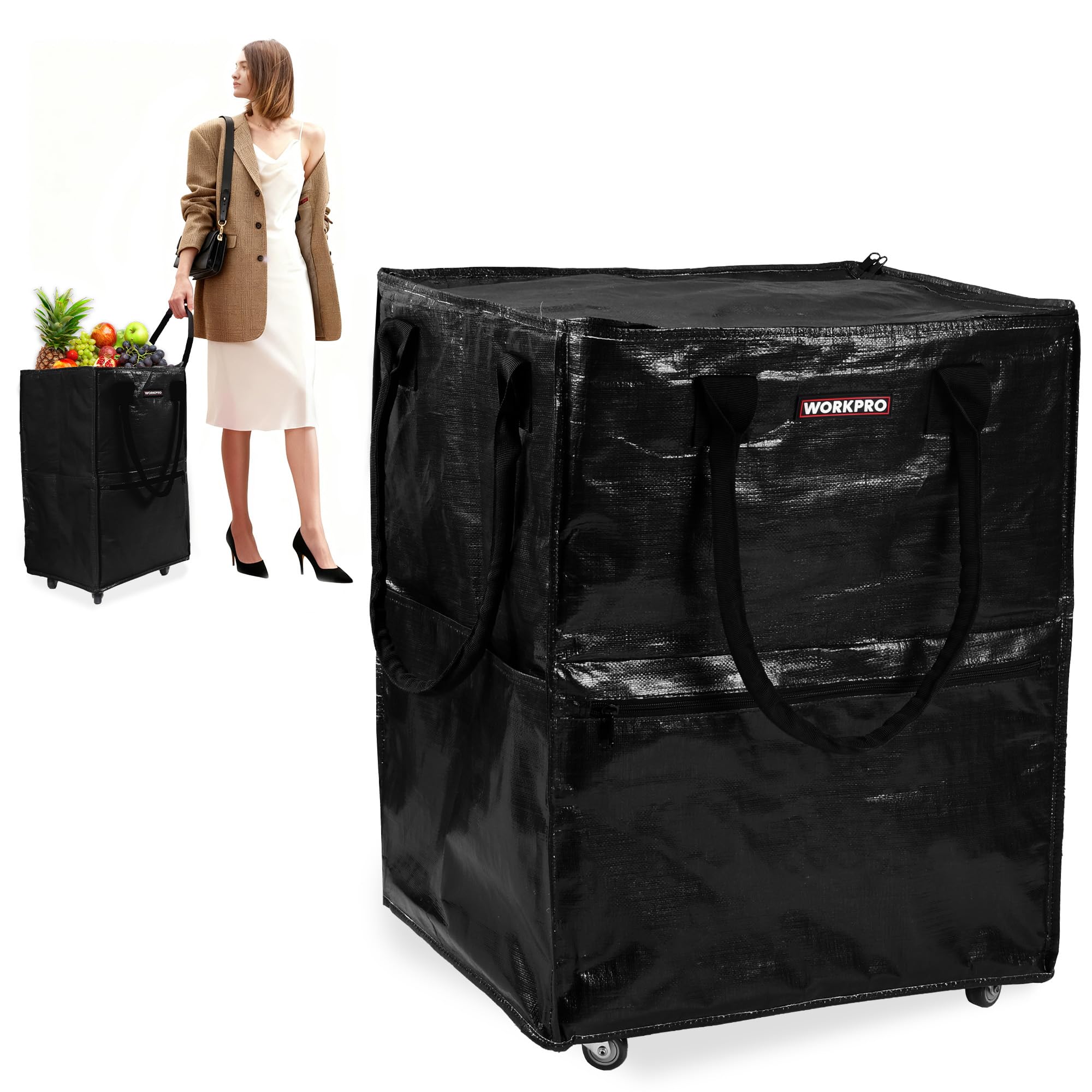 workpro large reusable grocery bag on wheels, heavy duty rolling shopping tote with handle, folding trolley on 5 caster wheels for groceries, laundry, camping, moving