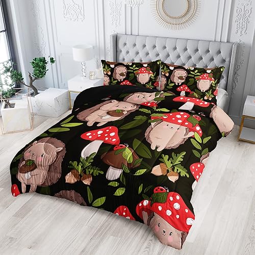 Miniatura 2 de Juego de ropa de cama de erizo lindo juego de edredón de hongos rojos y negros, avellana, hongos salvajes botánico con 2 fundas de almohada, tamaño