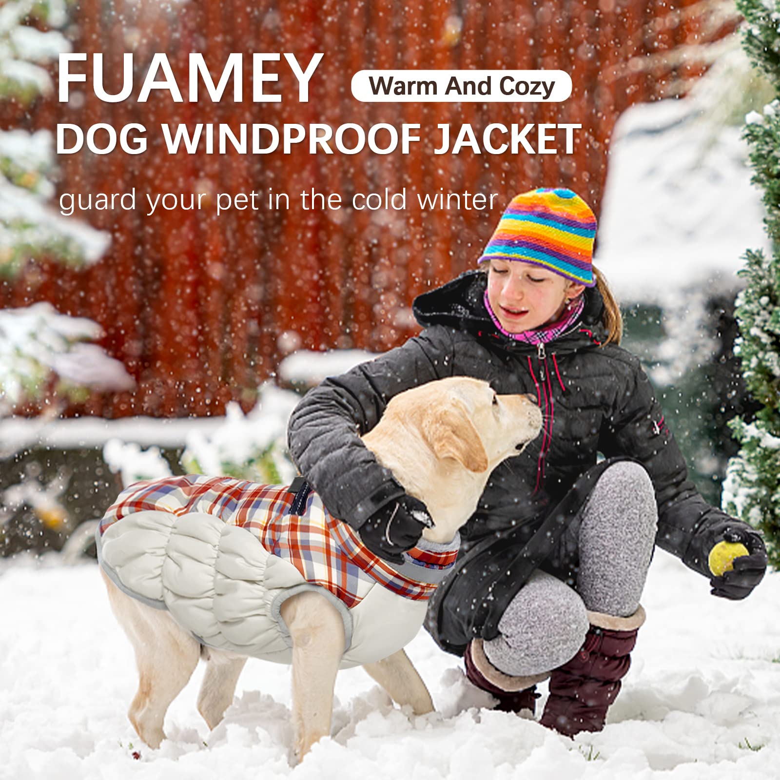 FUAMEY Cappotto invernale per cani con giacca e imbracatura integrati, cappotto per il freddo, con imbottitura e vestiti riflettenti, a quadri rossi da S a XXL